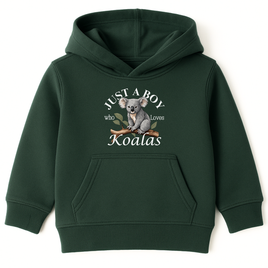 Dark green boys pullover hoodie featuring a cute graphic of a koala sitting on a tree branch with the words “Just A Boy Who Loves Koalas” printed above and below in white text.