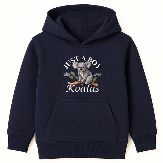 Navy boys pullover hoodie featuring a cute graphic of a koala sitting on a tree branch with the words “Just A Boy Who Loves Koalas” printed above and below in white text.