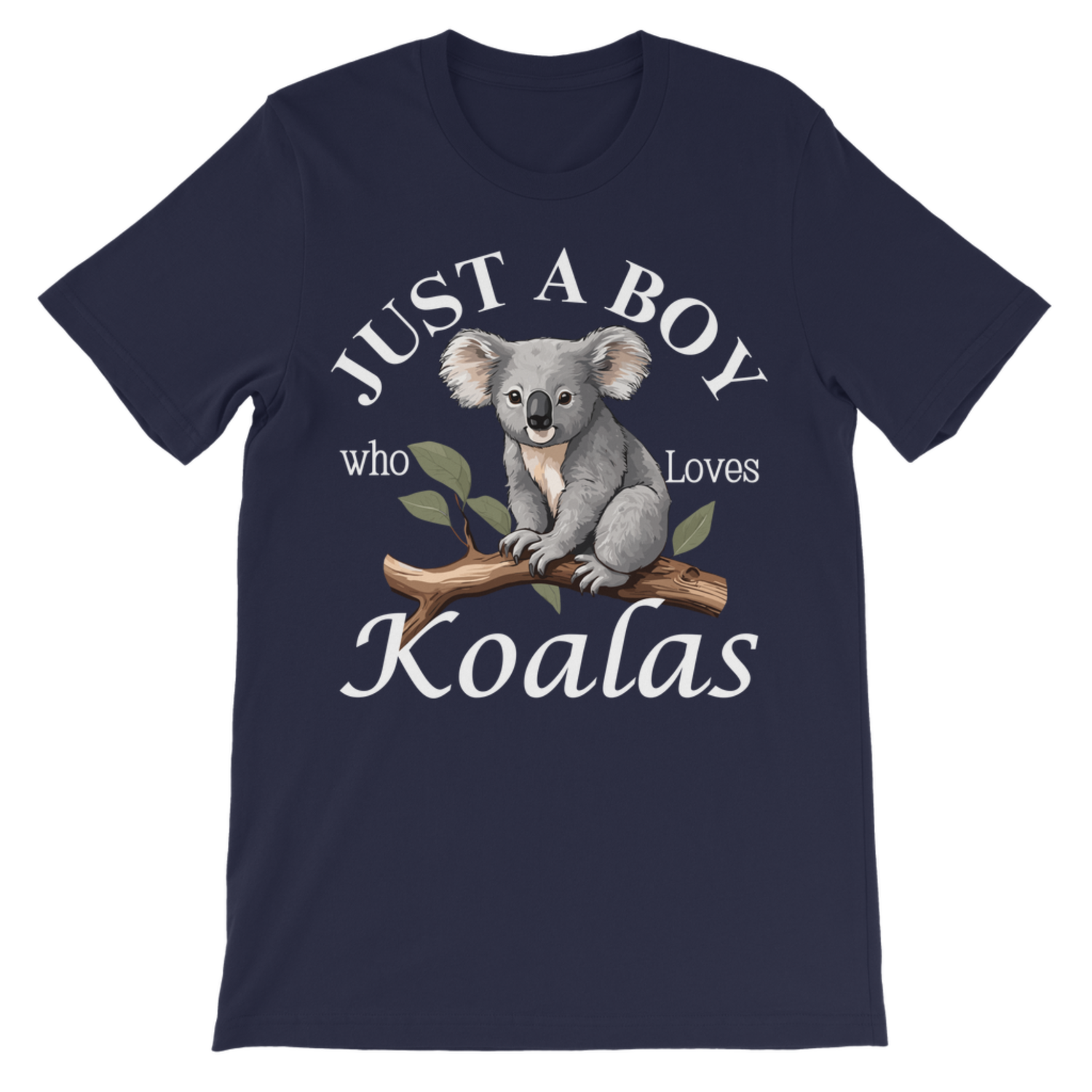 Navy kids “Just a Boy Who Loves Koalas” t-shirt with cute koala print, boys animal t-shirt