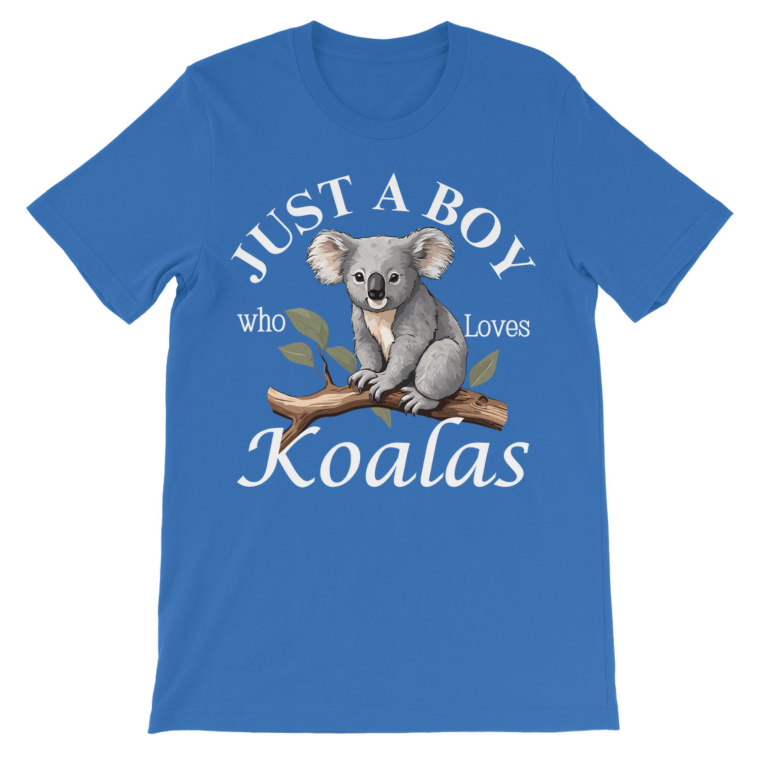 Kids royal blue “Just a Boy Who Loves Koalas” t-shirt with koala graphic, children’s animal tee