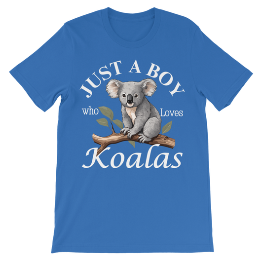 Kids royal blue “Just a Boy Who Loves Koalas” t-shirt with koala graphic, children’s animal tee