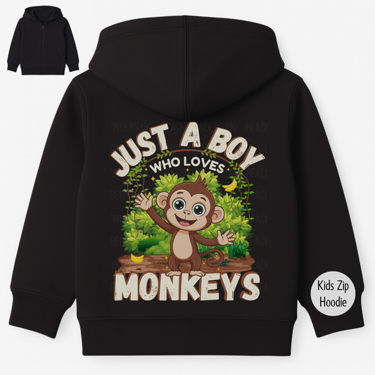 Kids black zip hoodie with Just A Boy Who Loves Monkeys cartoon monkey back print, jungle design, children’s animal hoodie flat lay