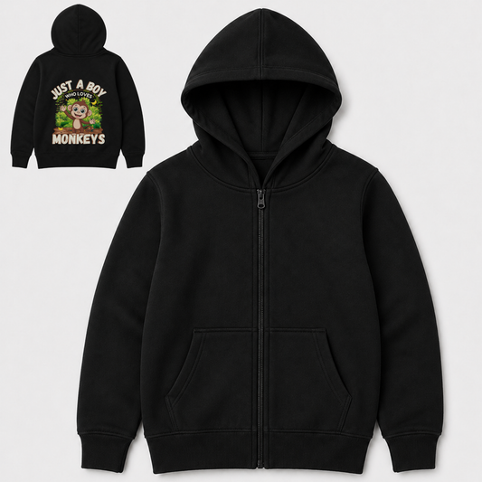 Boys black zip hoodie with front view and back print design showing a colourful "Just A Boy Who Loves Monkeys" cartoon monkey graphic.