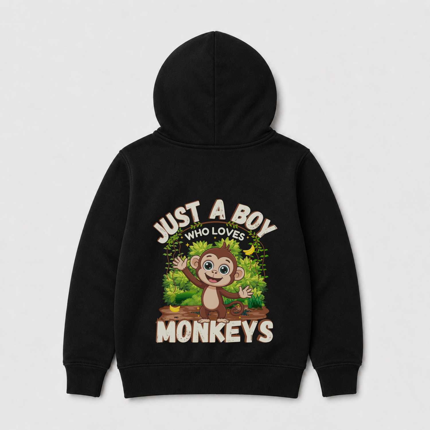 Boys zip hoodie in black with a large "Just A Boy Who Loves Monkeys" back print featuring a cute cartoon monkey and jungle design.