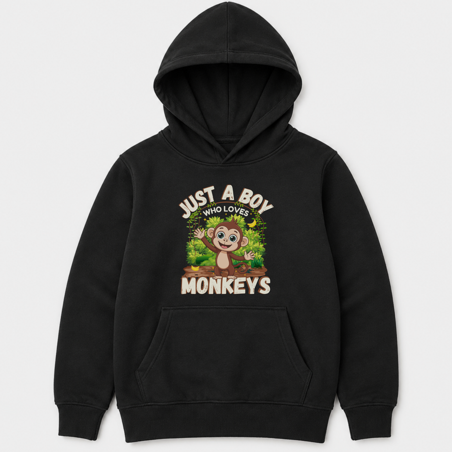 Boys black hoodie with 'Just a Boy Who Loves Monkeys' slogan cute monkey jungle printed design.