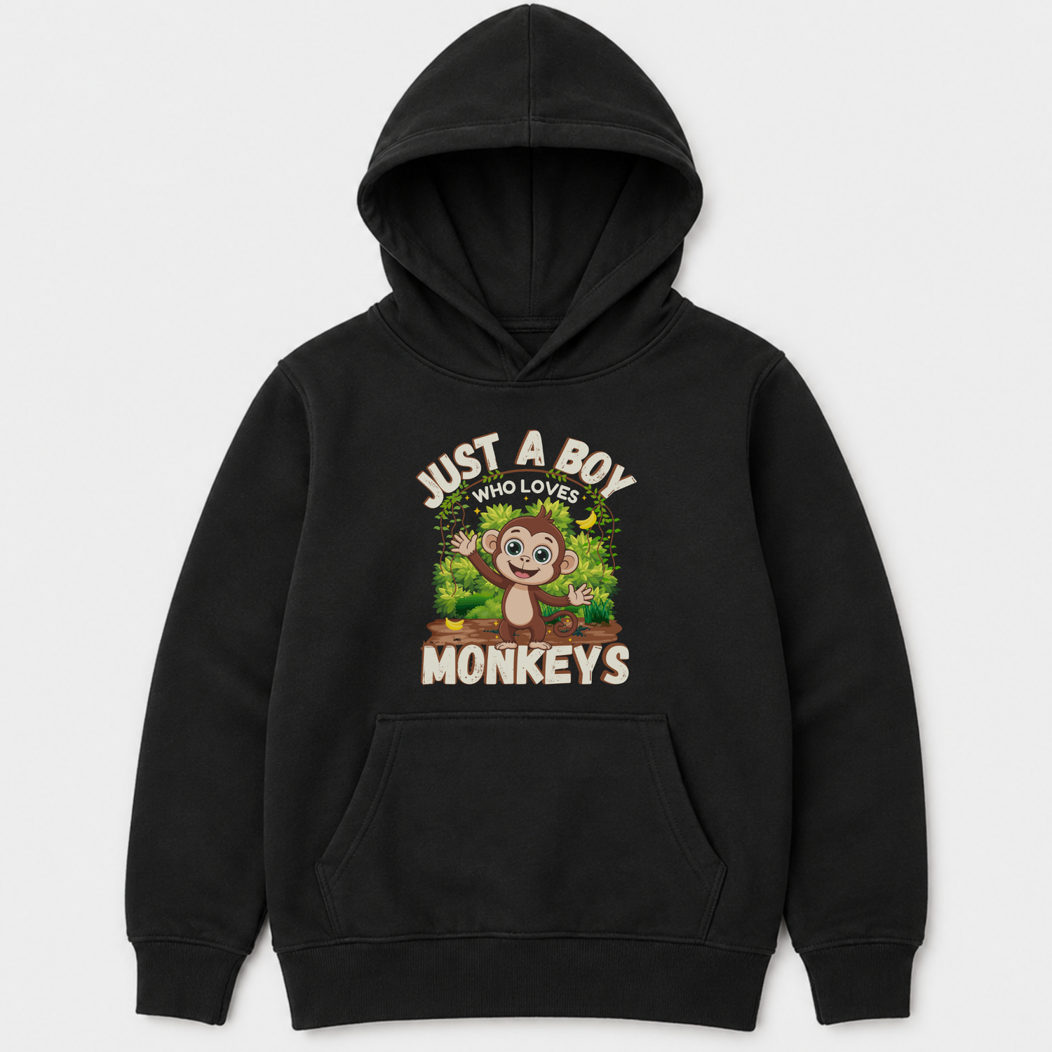 Boys black hoodie with 'Just a Boy Who Loves Monkeys' slogan cute monkey jungle printed design.