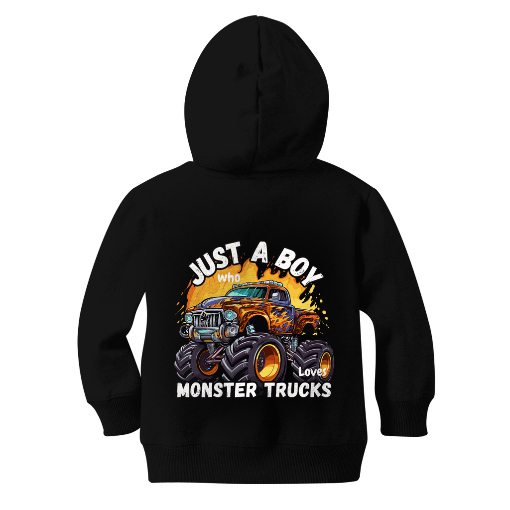 Back view of boys black zip hoodie with flaming monster truck and “Just a Boy Who Loves Monster Trucks” slogan.