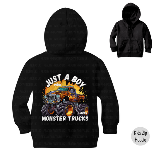 Just A Boy Who Loves Monster Trucks - Kids Full Zip Hoodie (Ages 3-13 yrs)