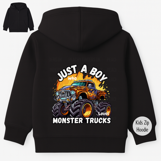 Back view of black kids zip hoodie with flaming monster truck and “Just a Boy Who Loves Monster Trucks” slogan.