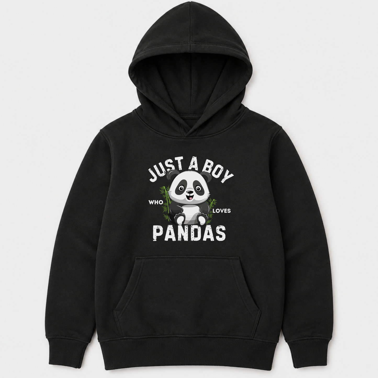 Kids black panda hoodie with “Just a Boy Who Loves Pandas” animal design front view