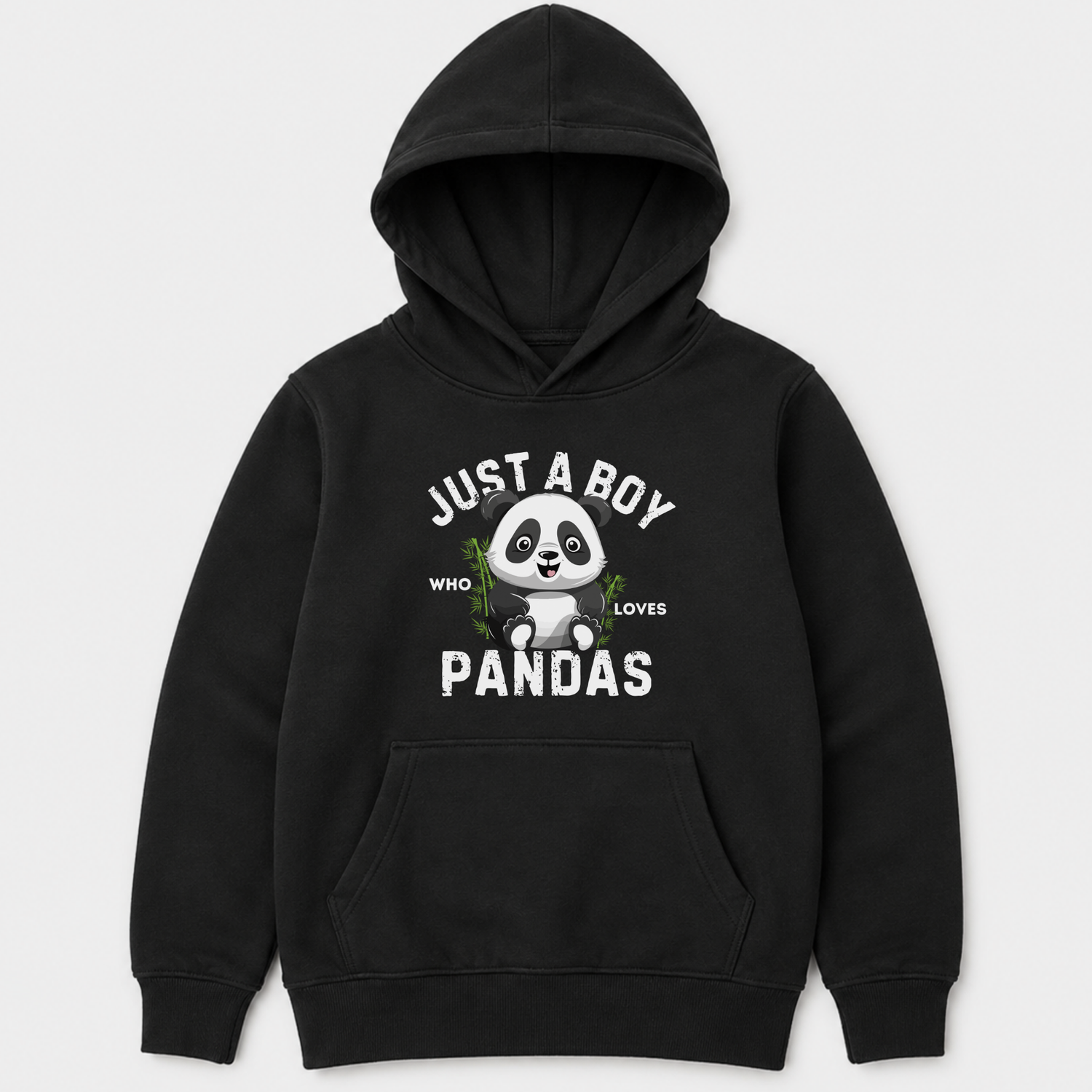 Kids black panda hoodie with “Just a Boy Who Loves Pandas” animal design front view