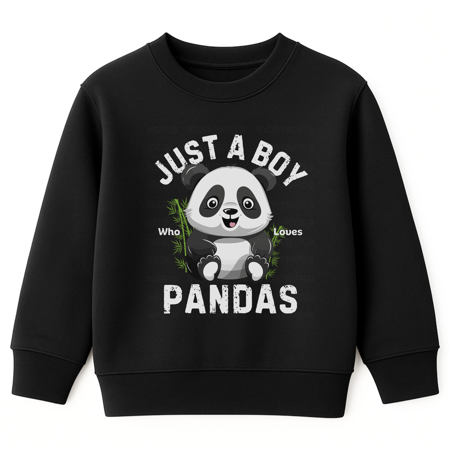 Kids black sweatshirt with “Just a Boy Who Loves Pandas” graphic – boys panda sweatshirt with cute animal design