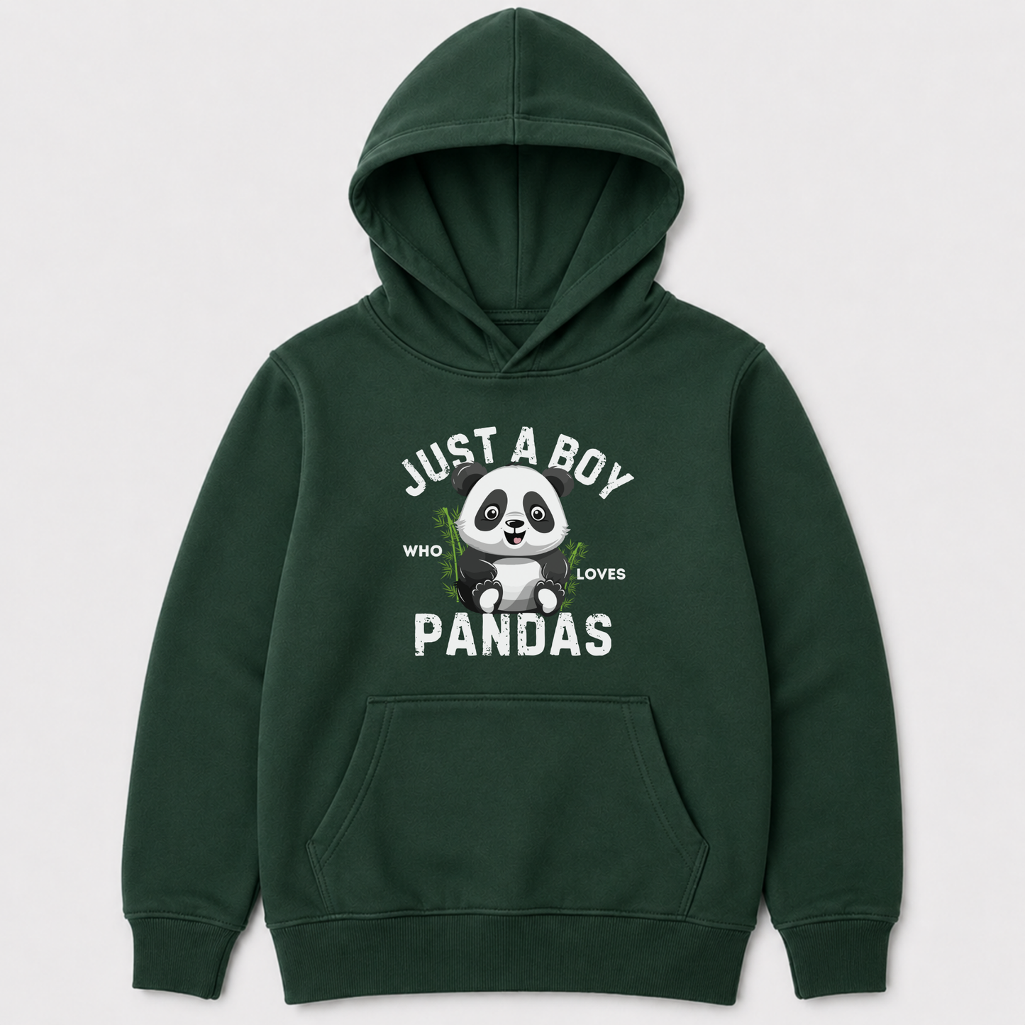 Boys dark green panda hoodie with “Just a Boy Who Loves Pandas” printed graphic front view