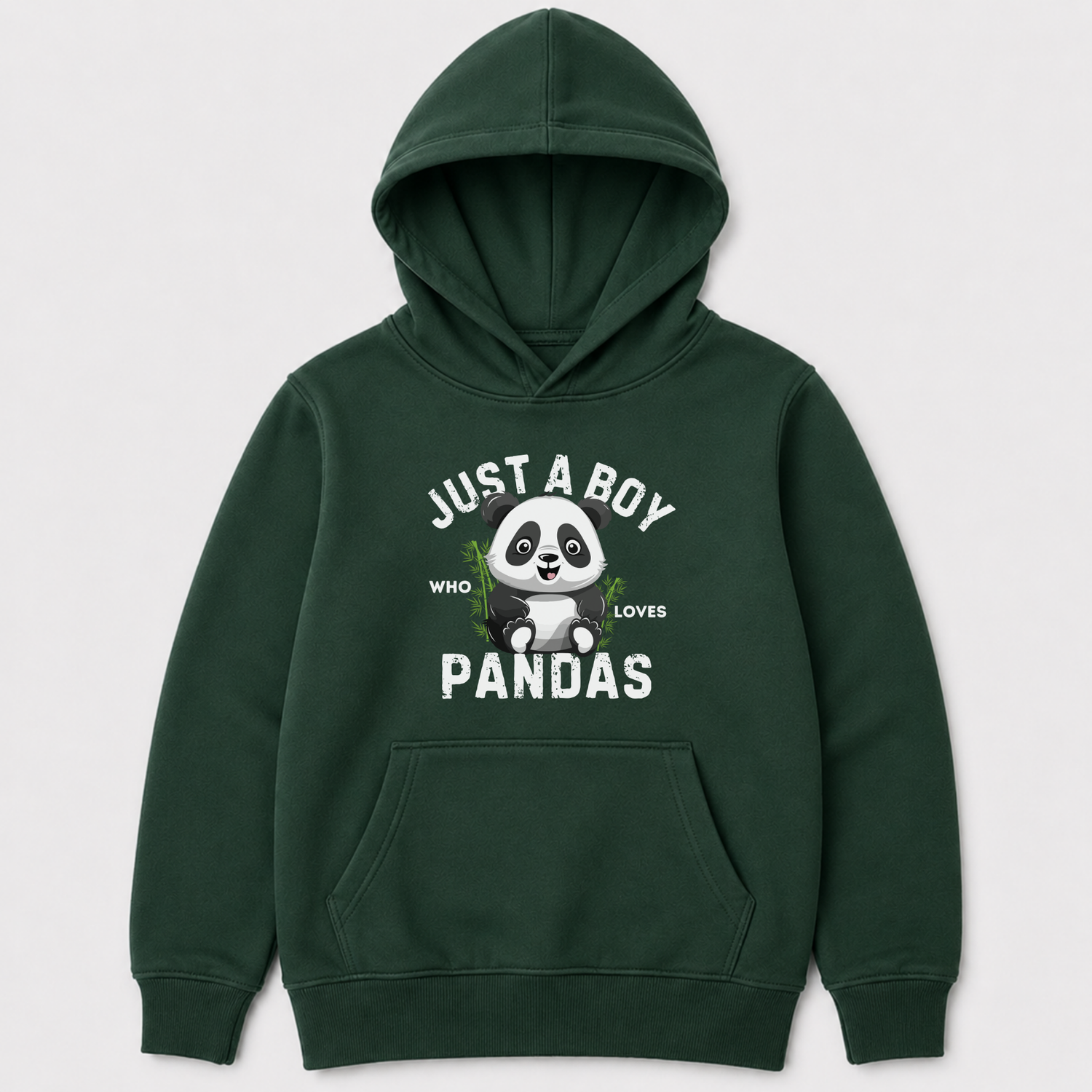 Boys dark green panda hoodie with “Just a Boy Who Loves Pandas” printed graphic front view