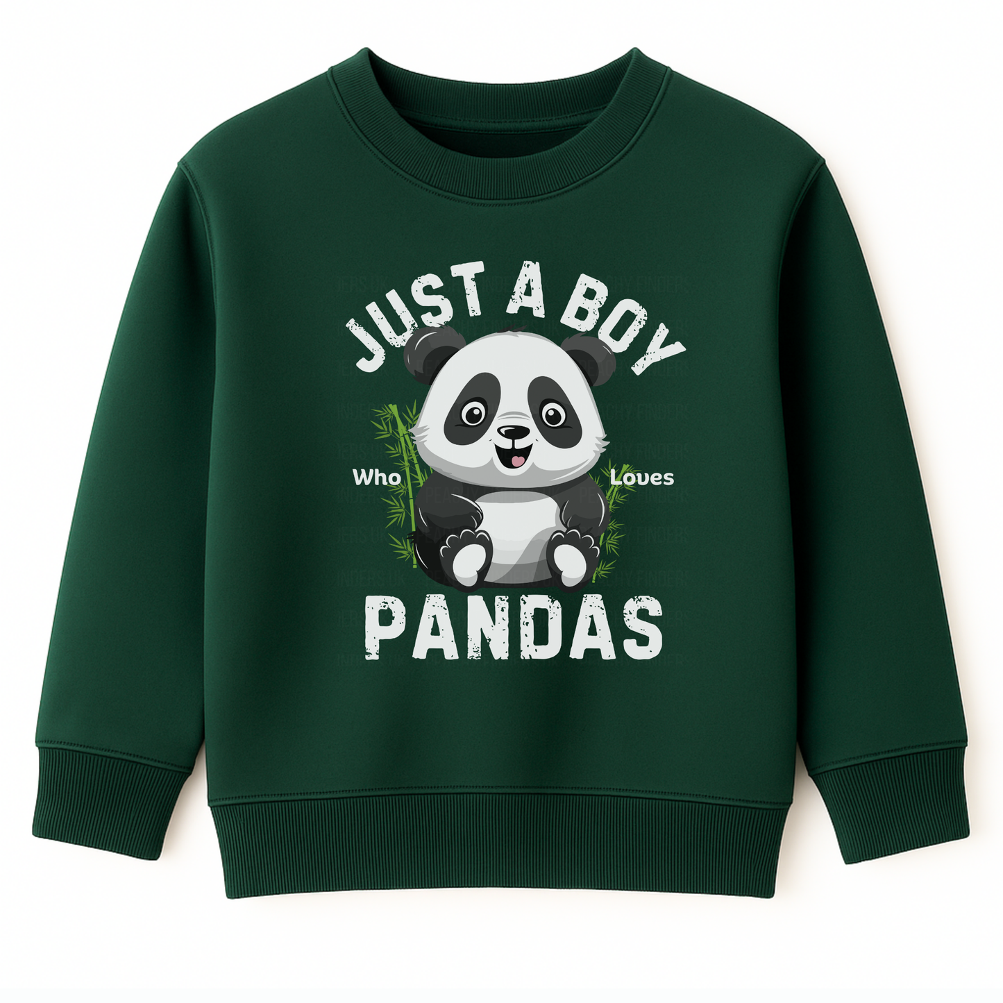 Dark green kids panda sweatshirt with “Just a Boy Who Loves Pandas” print – boys animal lover sweatshirt