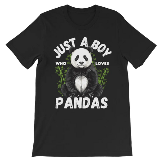 Close-up of a black crew neck t-shirt with a white text and vibrant illustration of a fluffy, sitting panda surrounded by green bamboo stalks. Text reads 'Just A Boy Who Loves Pandas'."