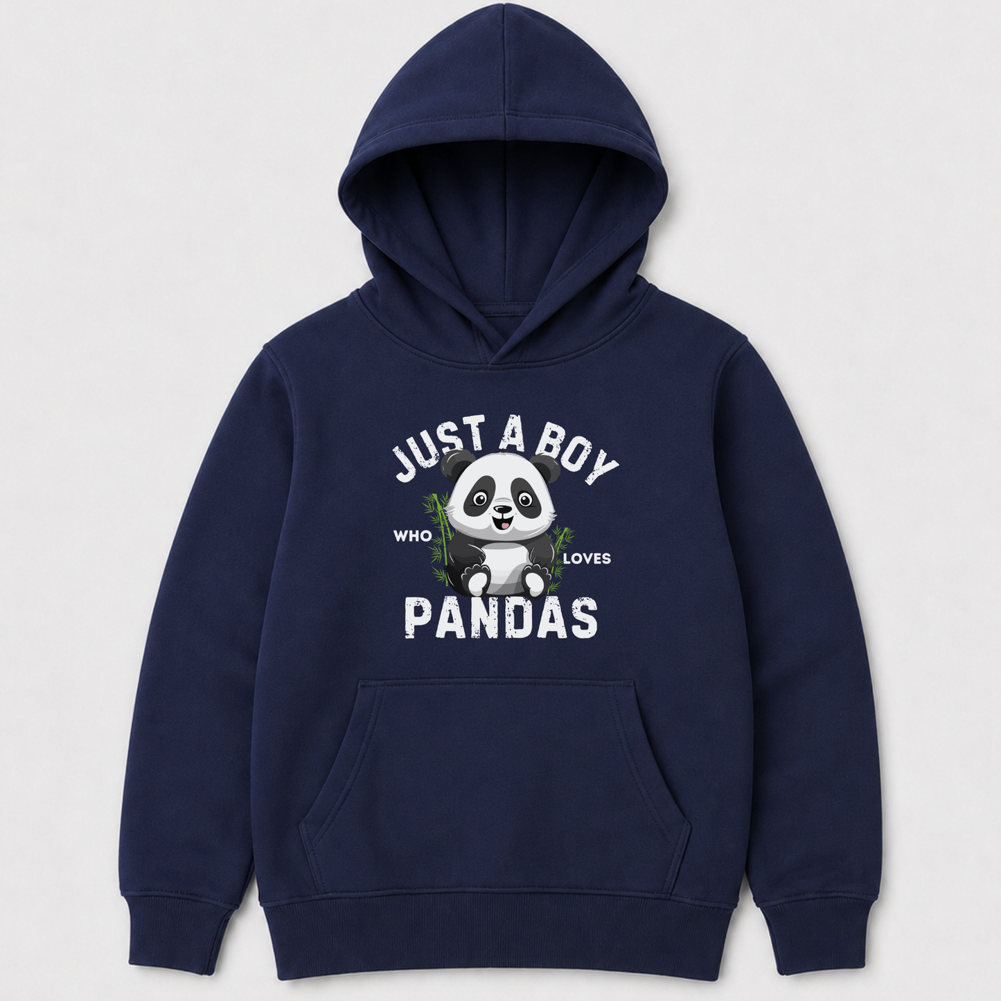 Boys navy blue hoodie featuring “Just a Boy Who Loves Pandas” panda print front view