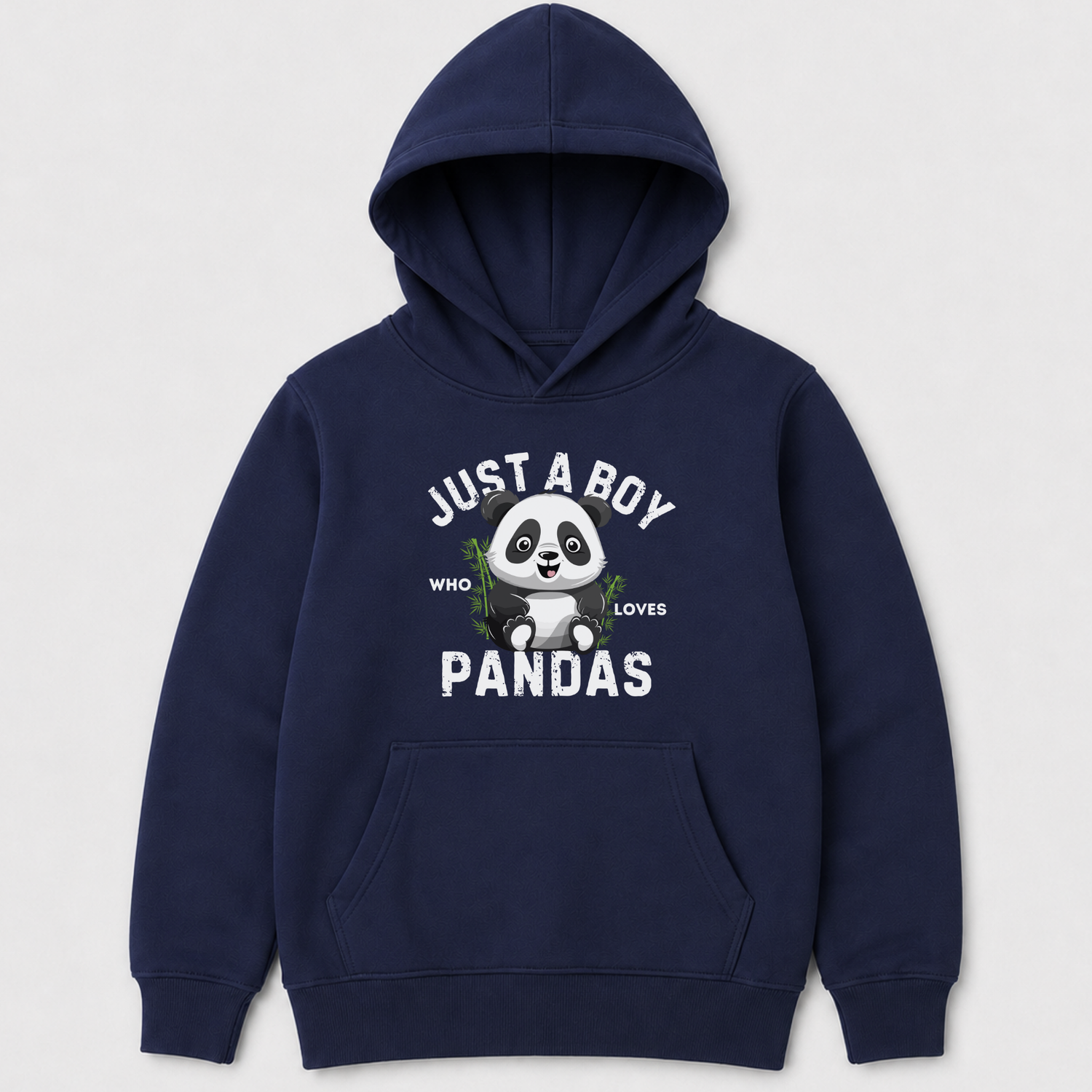 Boys navy blue hoodie featuring “Just a Boy Who Loves Pandas” panda print front view