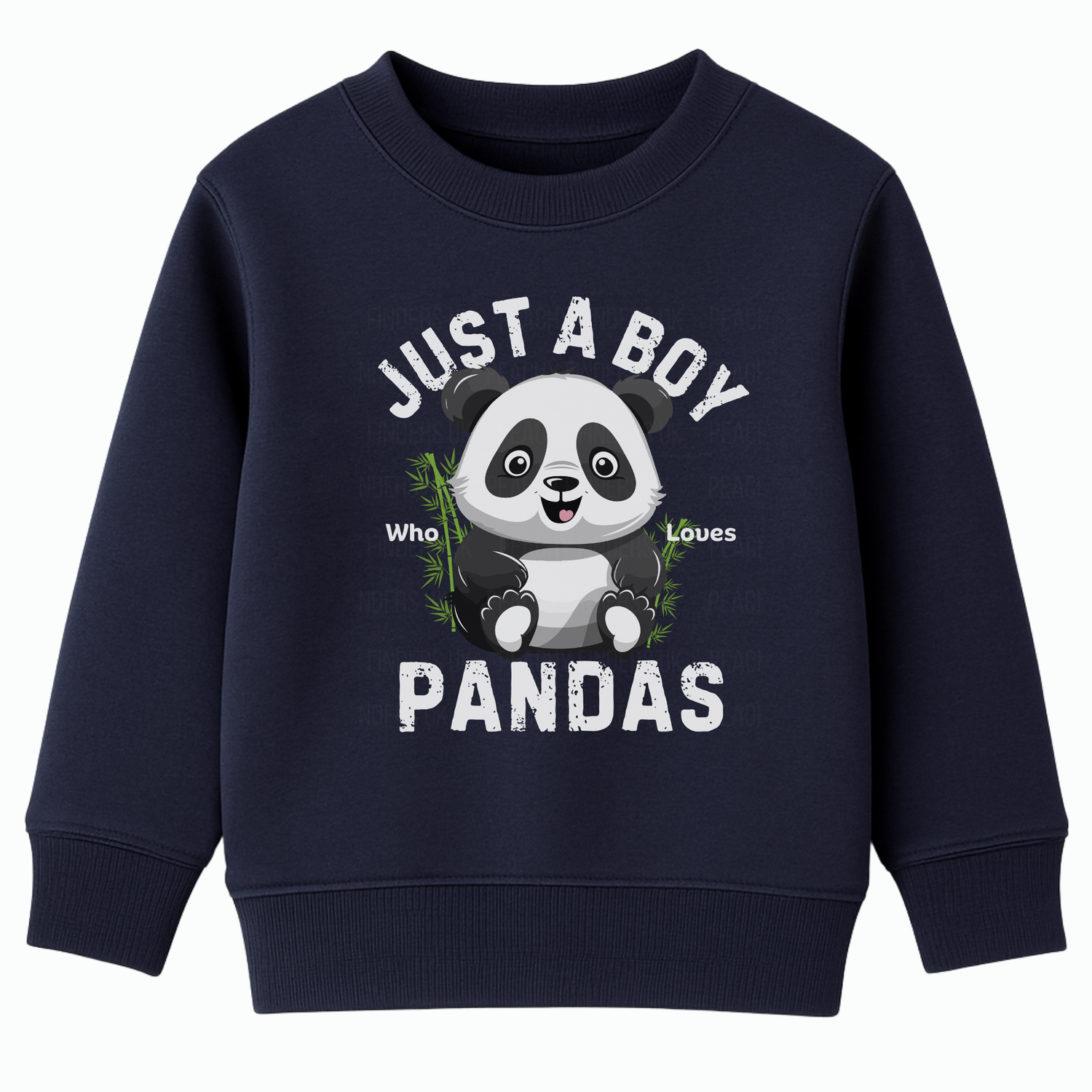 Navy blue boys panda sweatshirt with “Just a Boy Who Loves Pandas” design – kids panda lover sweatshirt