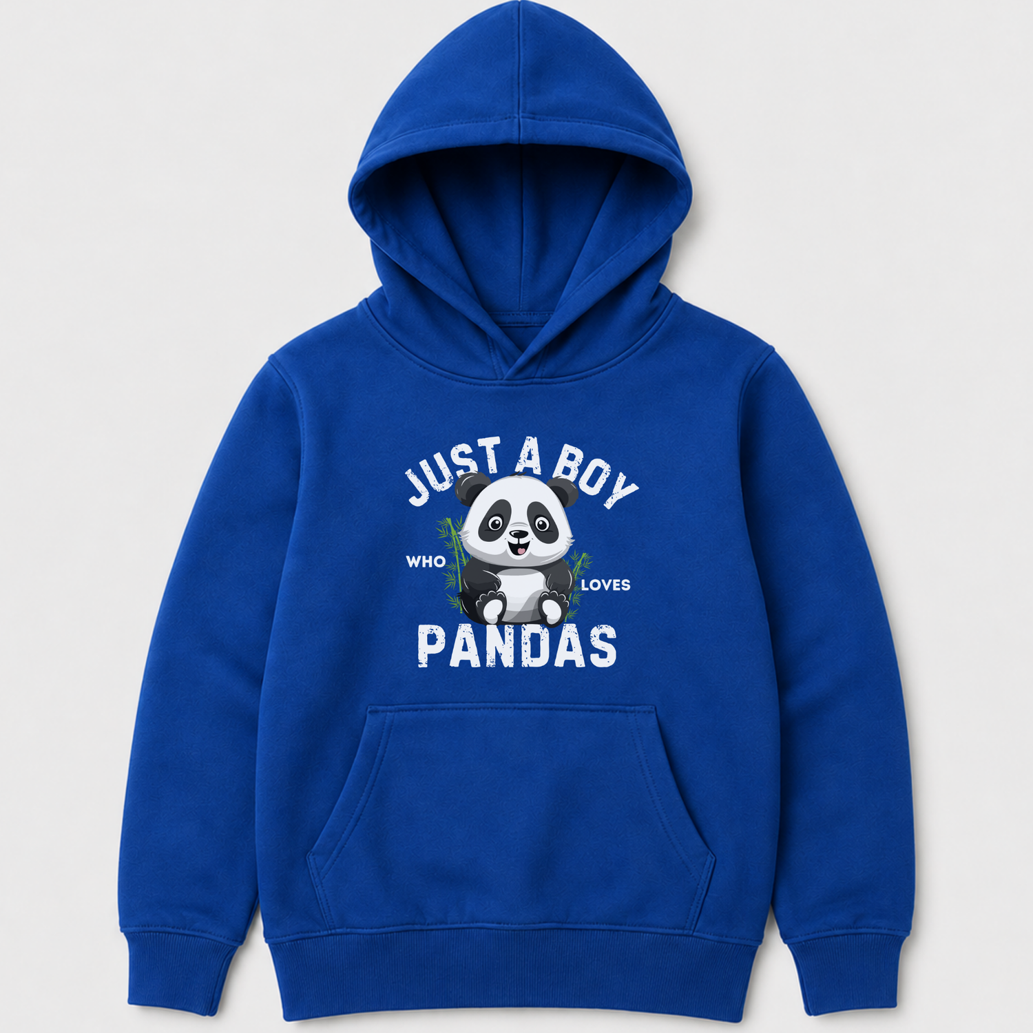 Royal blue kids hoodie with “Just a Boy Who Loves Pandas” cute panda graphic front view