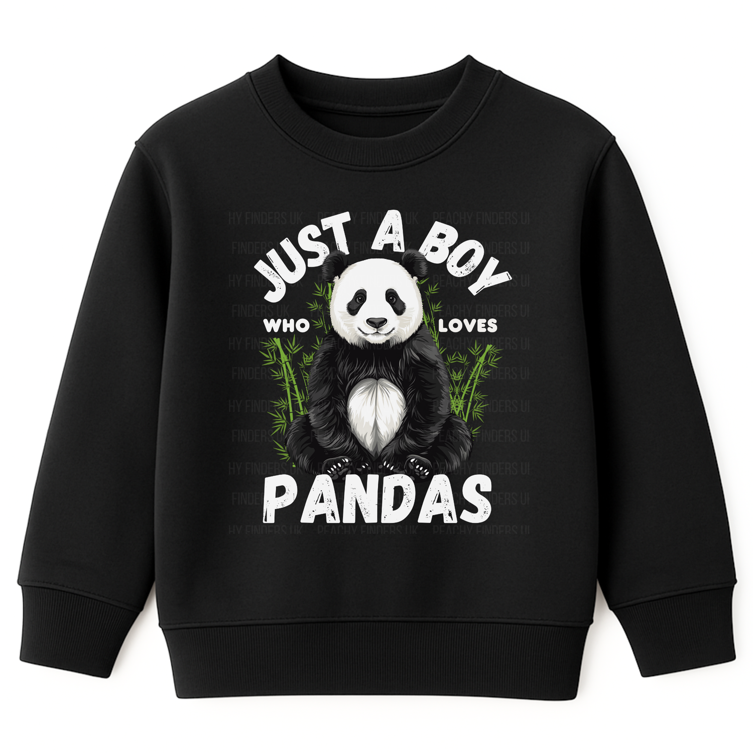 Boys sweatshirt in black with a "Just a boy who loves Pandas" design and text on a white background