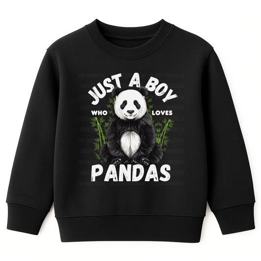 Boys sweatshirt in black with a "Just a boy who loves Pandas" design and text on a white background