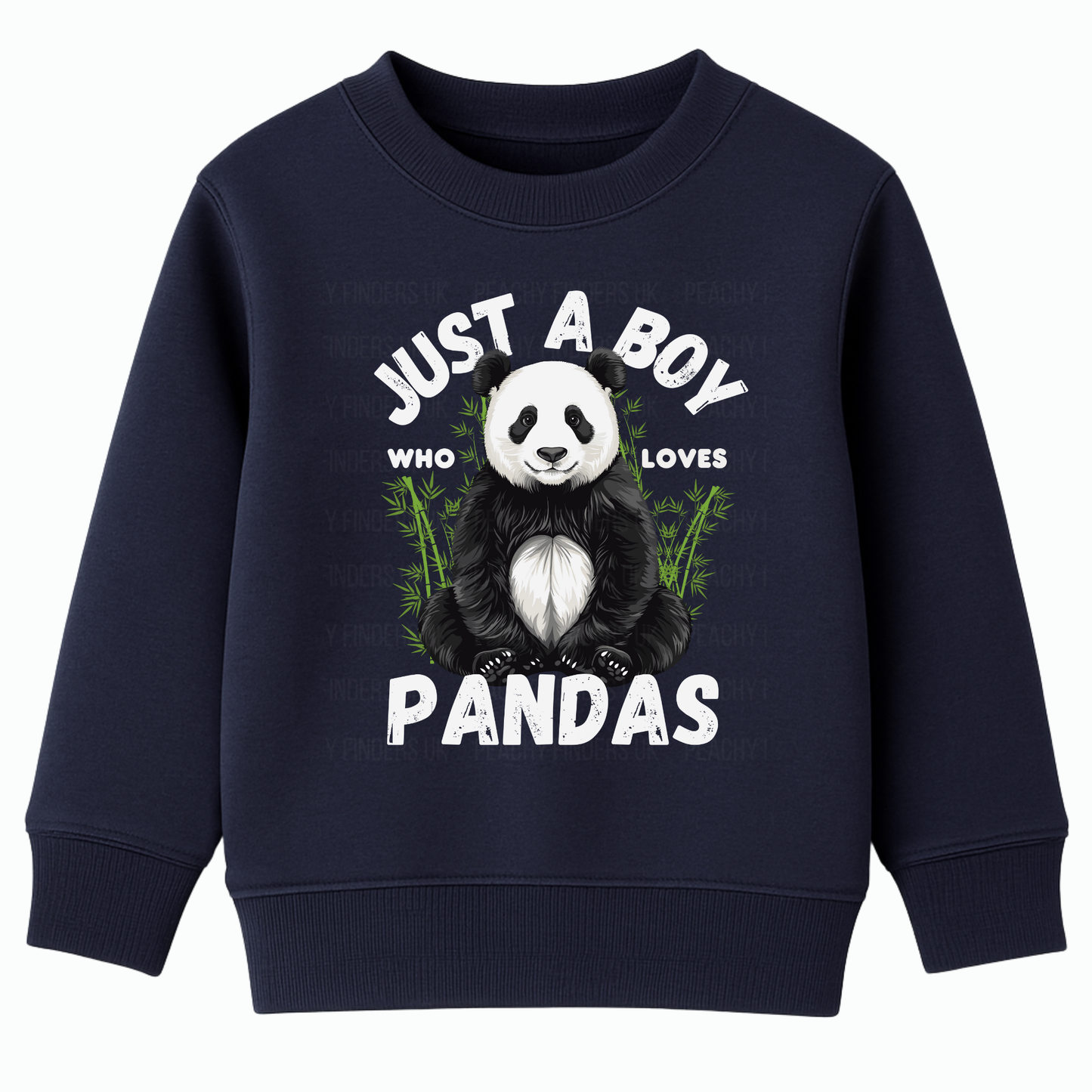 Boys sweatshirt in navy with a "Just a boy who loves Pandas" design and text on a white background