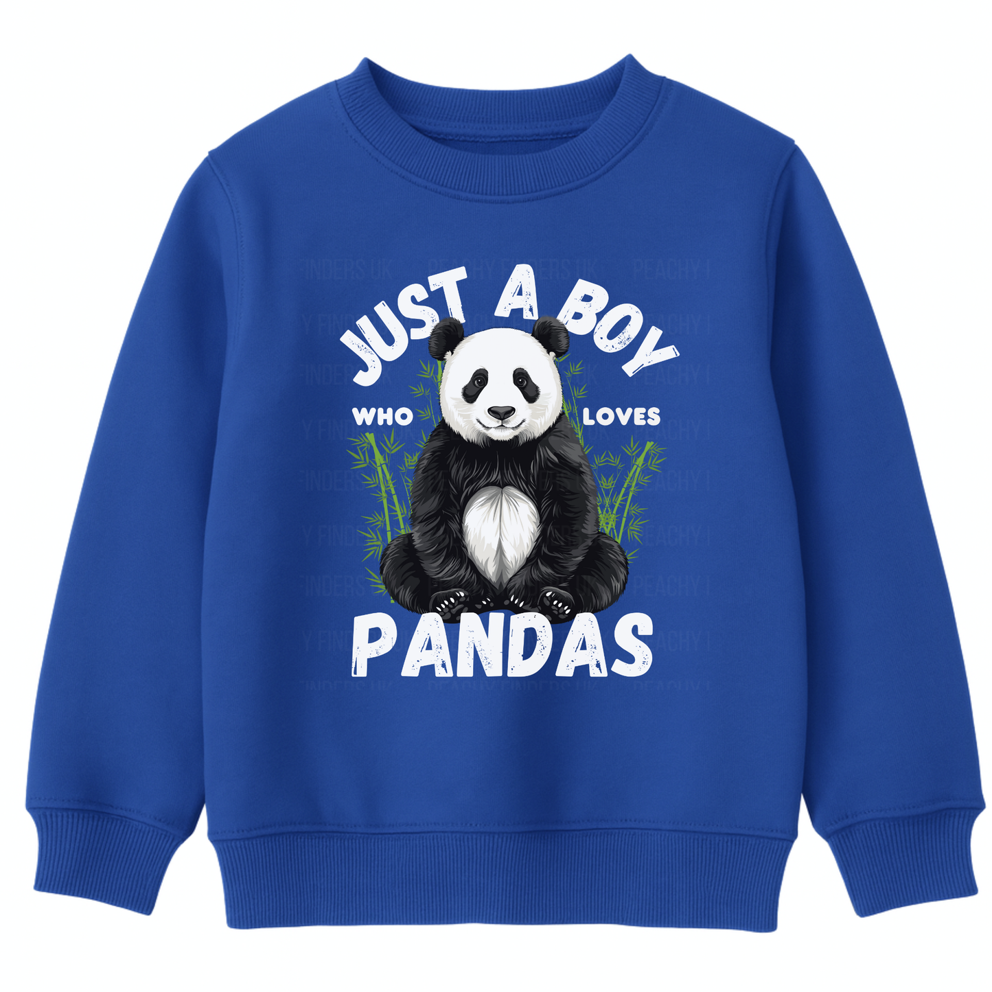 Boys sweatshirt in royal blue with a "Just a boy who loves Pandas" design and text on a white background