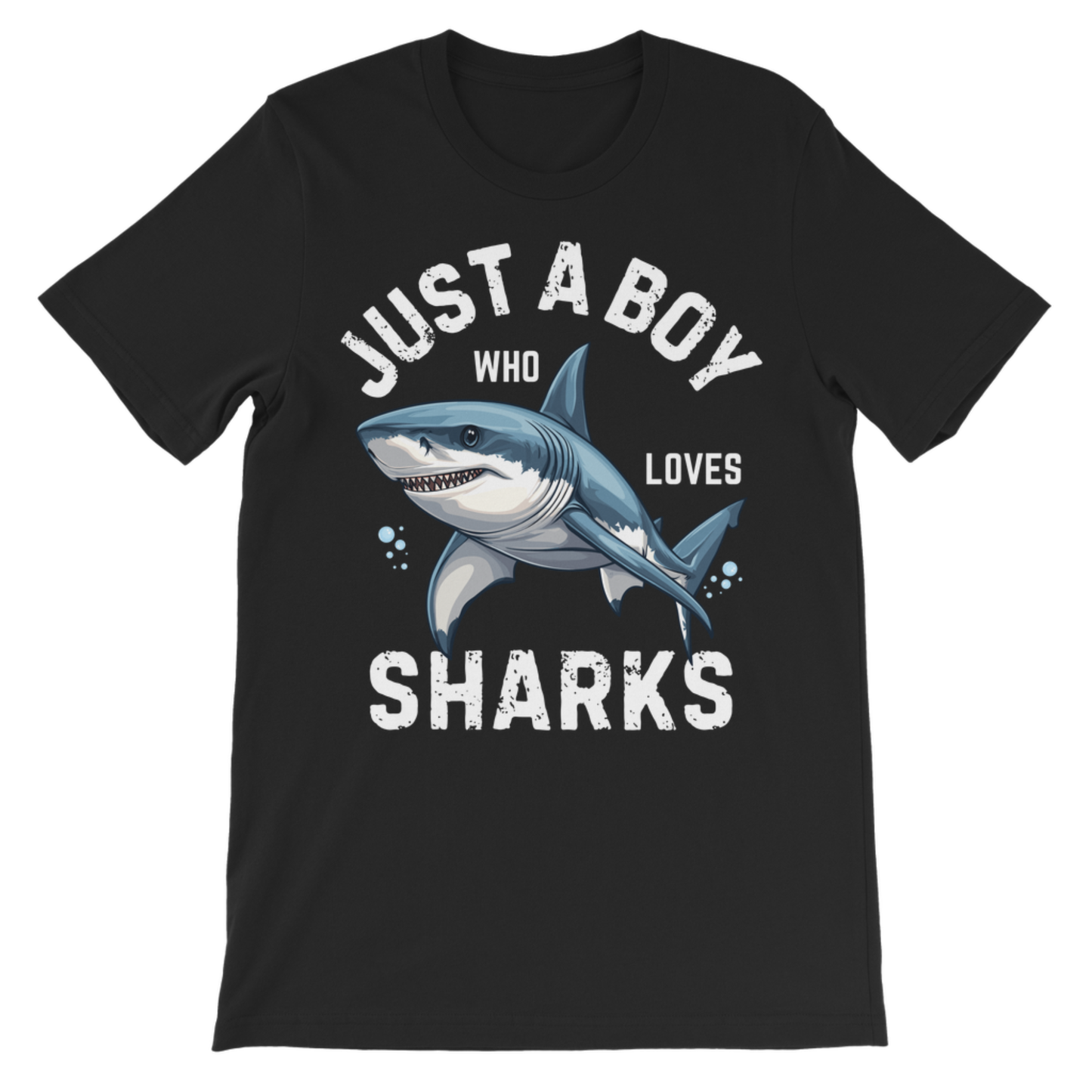Kids black T-shirt with great white shark graphic and 'Just a Boy Who Loves Sharks' slogan