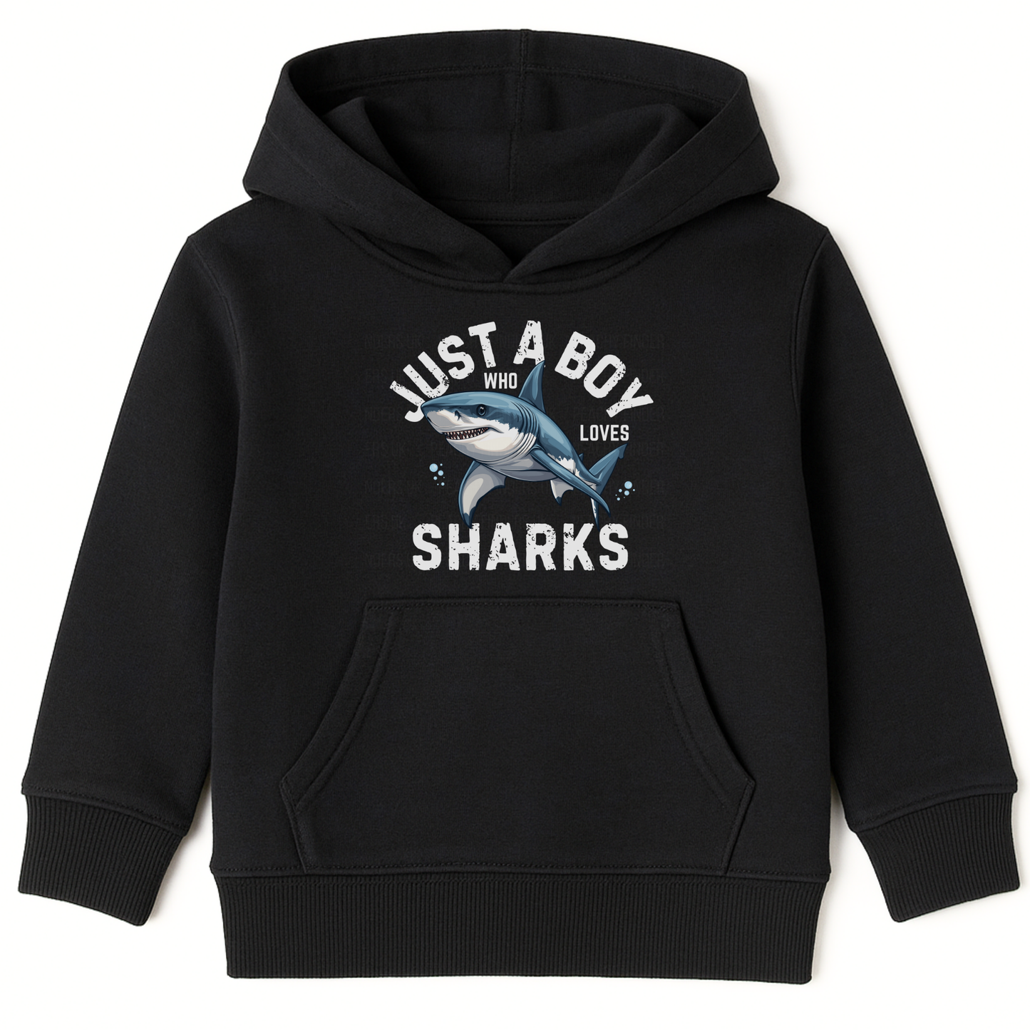 Kids black pullover hoodie with a “Just a Boy Who Loves Sharks” slogan and a large shark graphic printed on the front.