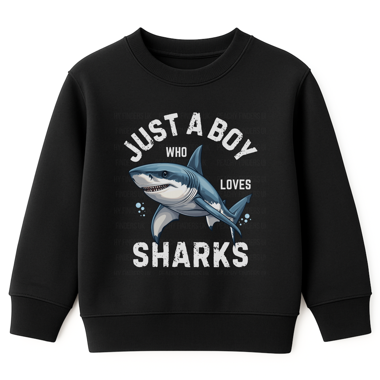 Kids black sweatshirt with a great white shark graphic and 'Just a Boy Who Loves Sharks' slogan"