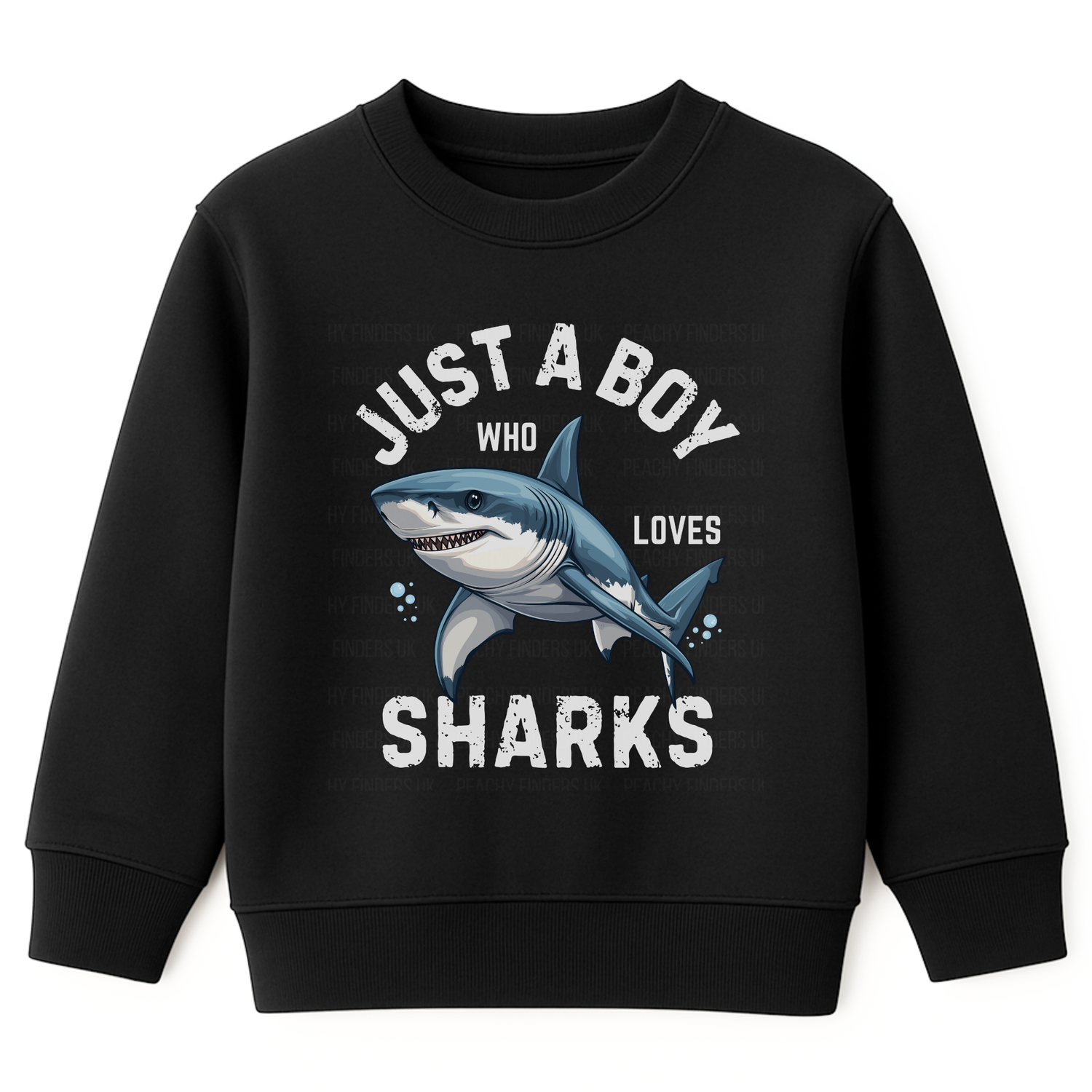 Kids black sweatshirt with a great white shark graphic and 'Just a Boy Who Loves Sharks' slogan"