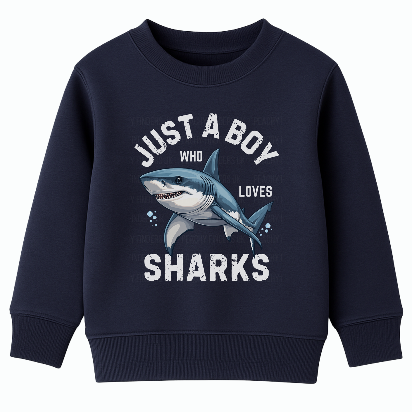 Kids navy sweatshirt with a great white shark graphic and 'Just a Boy Who Loves Sharks' slogan"