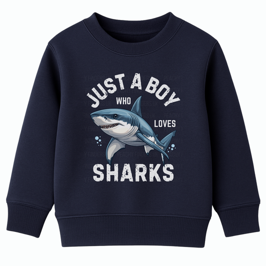 Kids navy sweatshirt with a great white shark graphic and 'Just a Boy Who Loves Sharks' slogan"