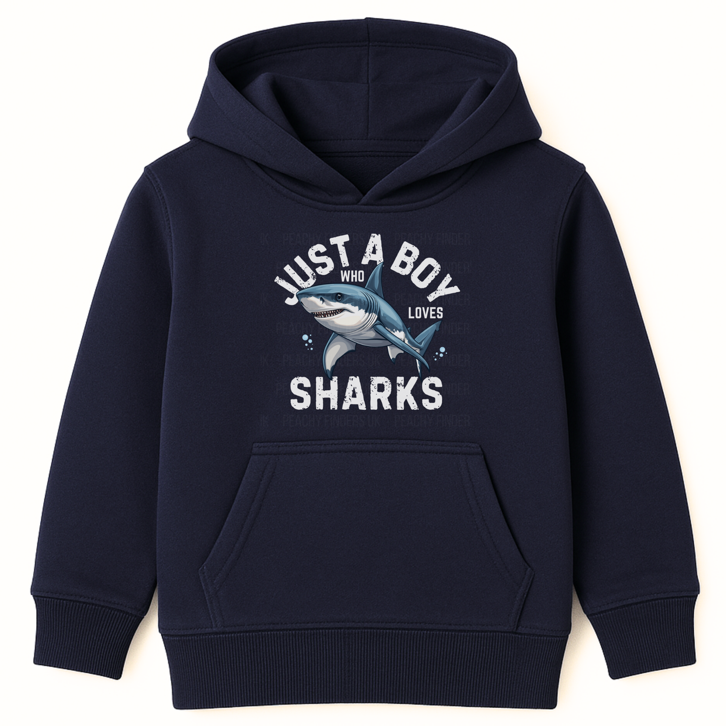 Navy kids hoodie with a “Just a Boy Who Loves Sharks” slogan and a large shark graphic printed on the front.