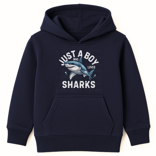 Navy kids hoodie with a “Just a Boy Who Loves Sharks” slogan and a large shark graphic printed on the front.