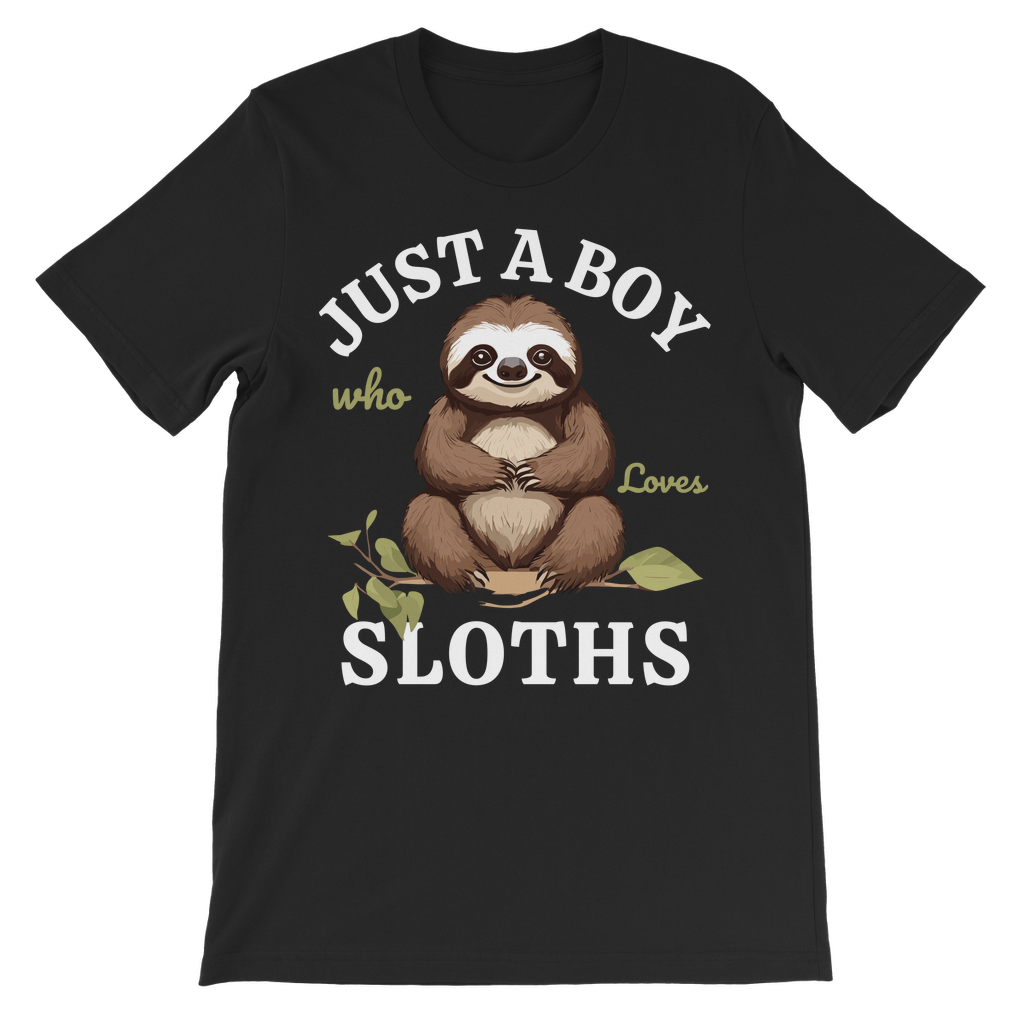 Boys black cotton tee with the slogan “Just A Boy Who Loves Sloths” and a cute brown sloth sitting on a leafy branch printed on the front.