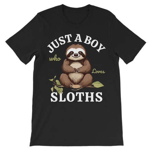 Boys black cotton tee with the slogan “Just A Boy Who Loves Sloths” and a cute brown sloth sitting on a leafy branch printed on the front.