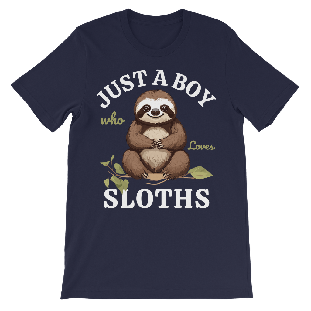 Navy boys T-shirt with the words “Just A Boy Who Loves Sloths” and a cute brown sloth sitting on a leafy branch printed on the front.