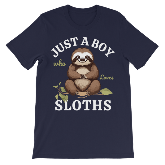 Navy boys T-shirt with the words “Just A Boy Who Loves Sloths” and a cute brown sloth sitting on a leafy branch printed on the front.