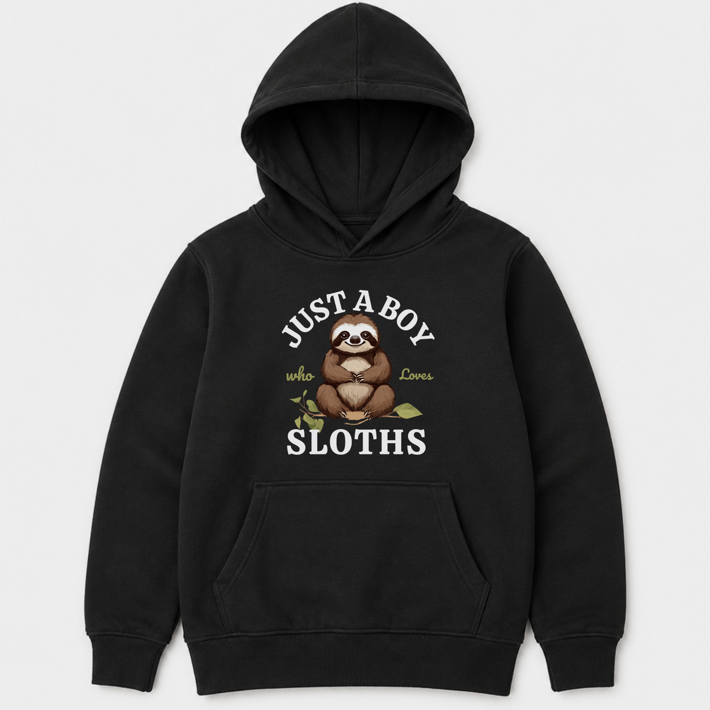 Boys black hoodie featuring a seated sloth on a leafy branch with Just a Boy Who Loves Sloths wording.