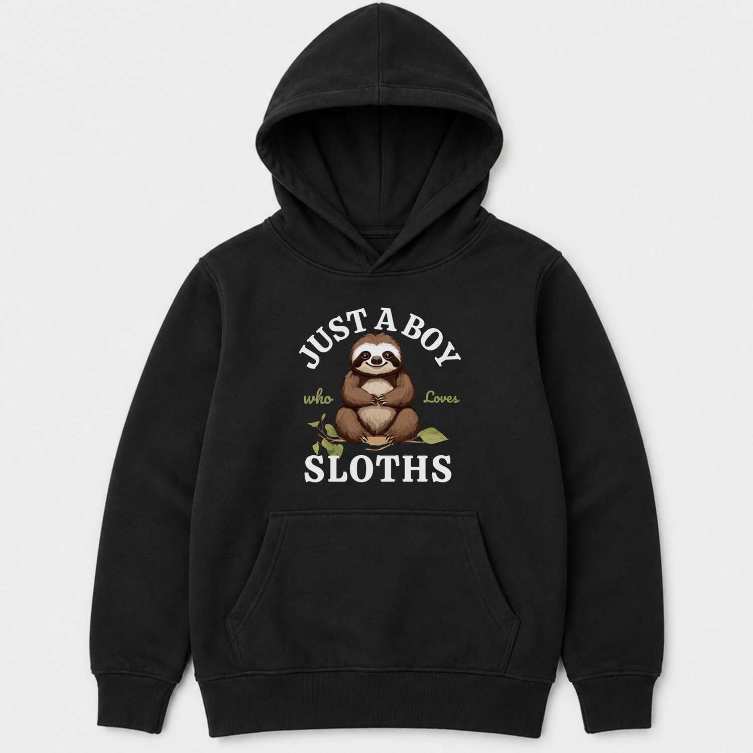 Boys black hoodie featuring a seated sloth on a leafy branch with Just a Boy Who Loves Sloths wording.