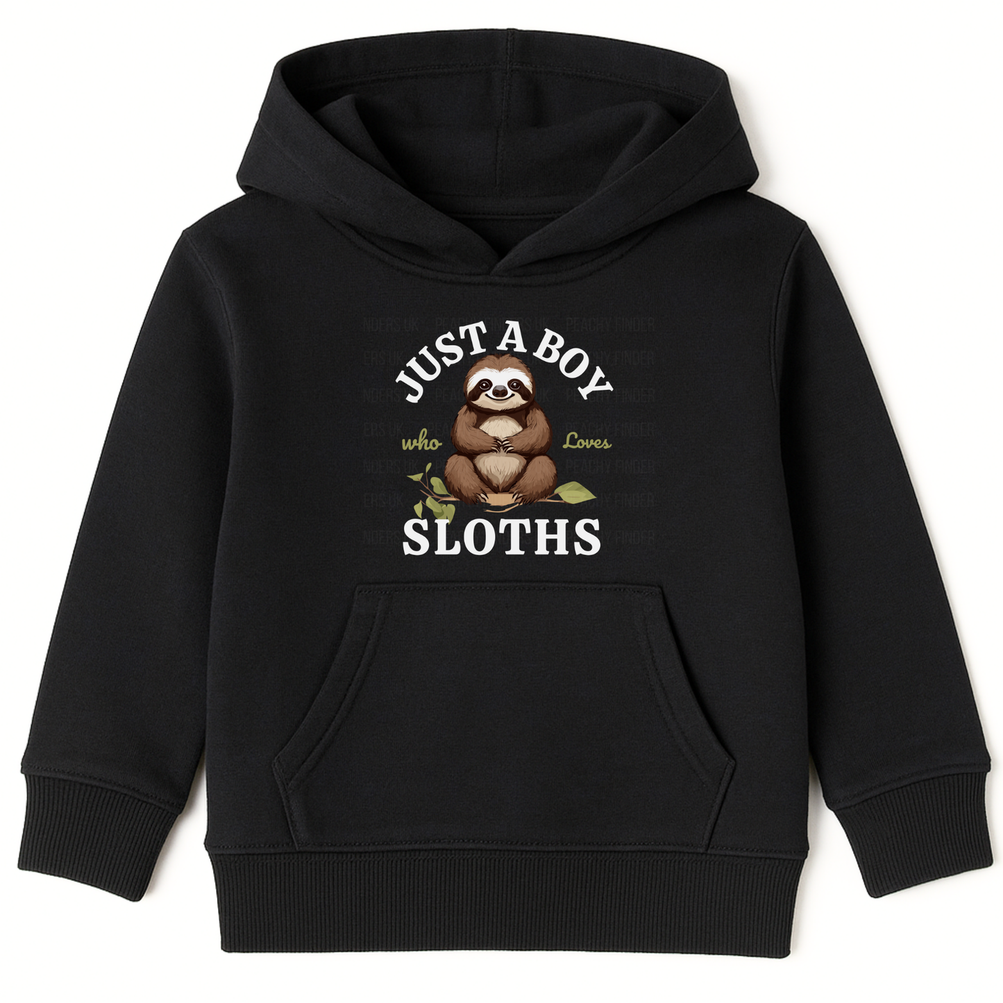 Black boys hoodie with “Just A Boy Who Loves Sloths” slogan and a cute brown sloth sitting on a leafy branch on the front.