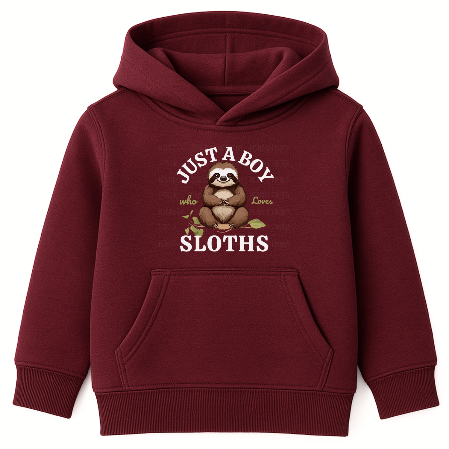 Burgundy boys hoodie featuring “Just A Boy Who Loves Sloths” text and a cute brown sloth sitting on a leafy branch on the front.