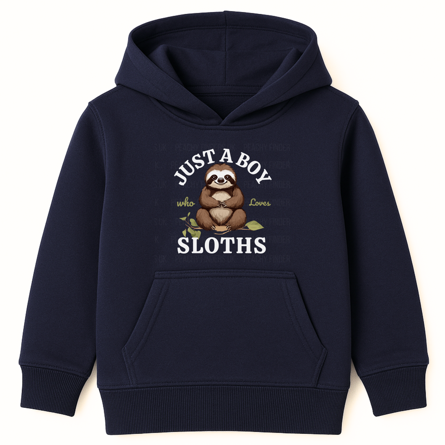 Navy boys hoodie with “Just A Boy Who Loves Sloths” slogan and a cute brown sloth sitting on a leafy branch printed on the chest.