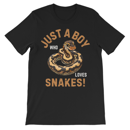 Kids black t-shirt featuring a ball python illustration with the slogan ‘Just a Boy Who Loves Snakes!’