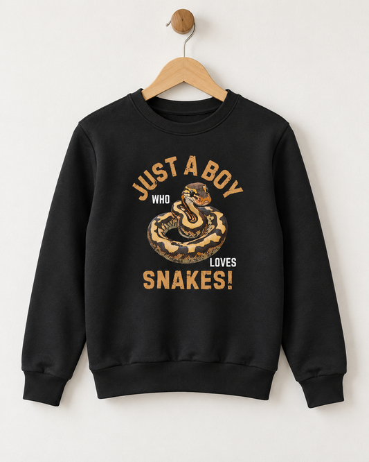 A boys black crewneck sweatshirt hanging on a wooden hanger against a light beige wall. The sweatshirt features a graphic print of a coiled snake with the text 'JUST A BOY WHO LOVES SNAKES!' in a distressed tan font.