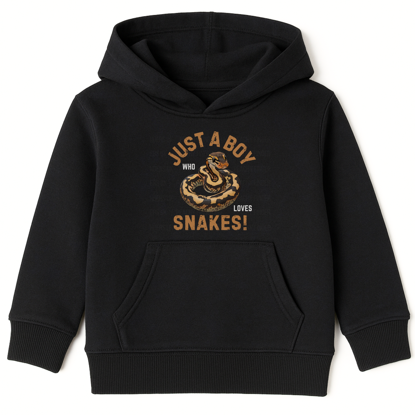 Kids black pullover hoodie with a ball python illustration and the text “Just a Boy Who Loves Snakes!” printed on the front.