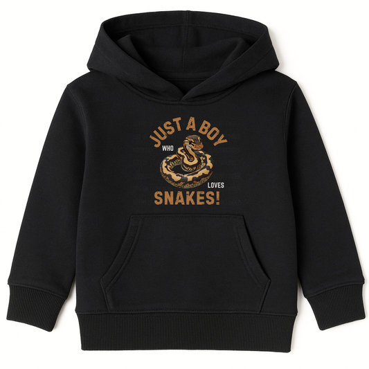 Kids black pullover hoodie with a ball python illustration and the text “Just a Boy Who Loves Snakes!” printed on the front.