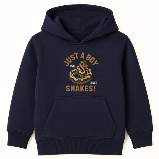 Kids navy pullover hoodie with a ball python illustration and the text “Just a Boy Who Loves Snakes!” printed on the front.